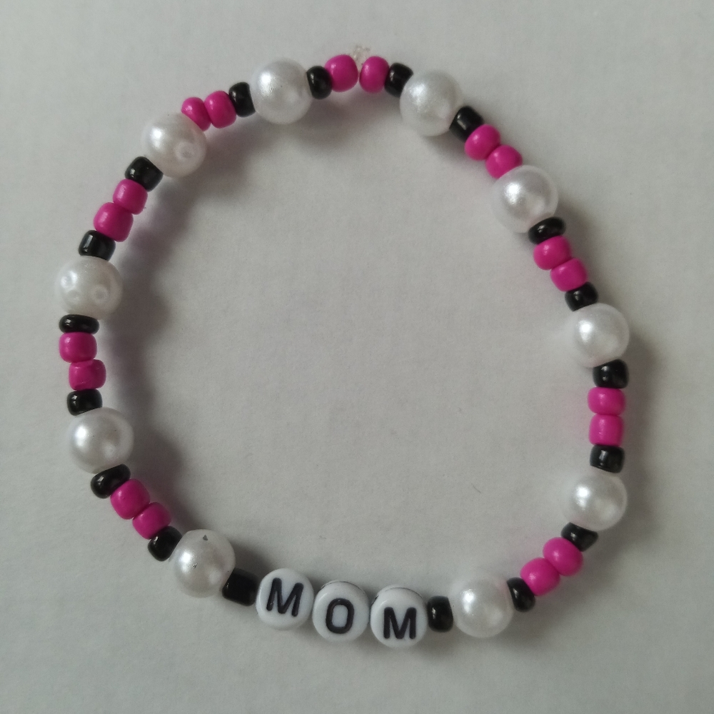 Hand Crafted Mom neon Pink beaded statement bracelet with pearls